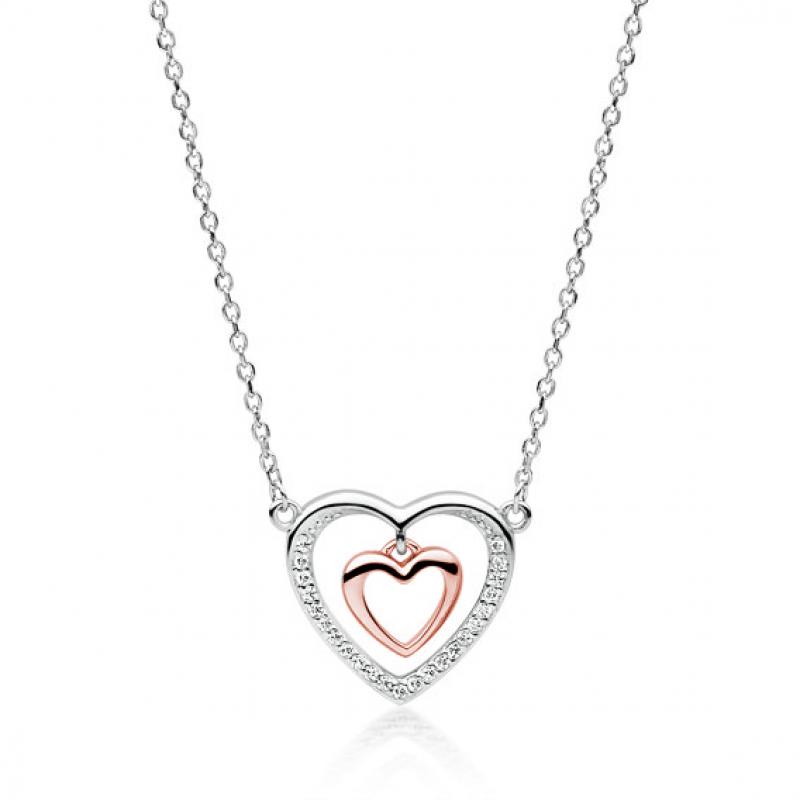 Colier argint inima cu pietre si inimioara placata cu aur roz DiAmanti Z1766NRGR-DIA